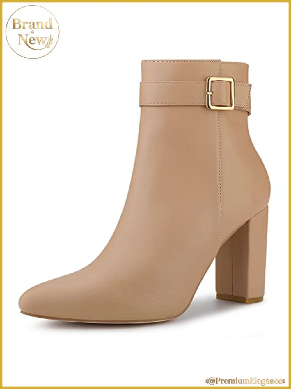 Faux Leather Pointed Toe Buckle Decor Block Heel Ankle Booties